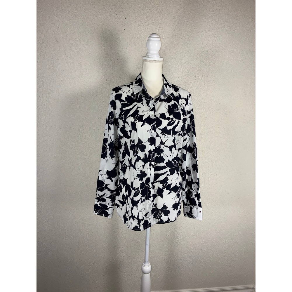 Tommy Hilfiger Womens Classic Fit Floral Button Down Shirt Navy White Large
